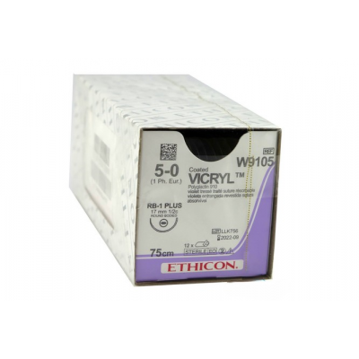 Викрил фиолет М1 (5/0) 75см, игла кол RB-1 Plus 17mm 1/2c (Ethicon) арт. W9105