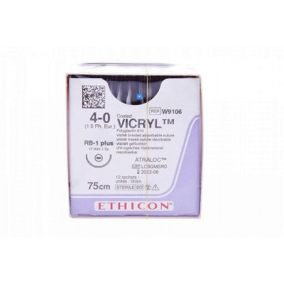 Викрил фиолет M1.5 (4/0) 75см, игла кол RB-1+ 17мм 1/2c (Ethicon) арт. W9106